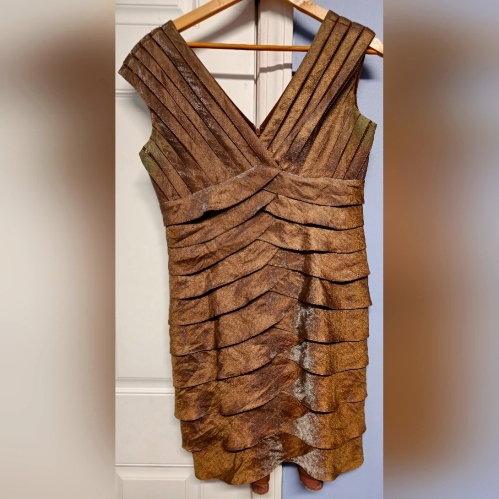 Adrianna Papell Cocktail Dress 12P - Shimmery Brown Tiered Ruffles - Like New